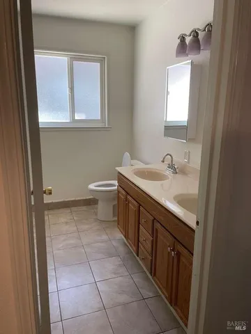 a bathroom with a sink a toilet and a mirror