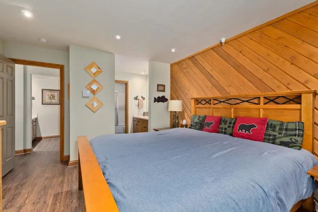 a bedroom with a bed and a closet