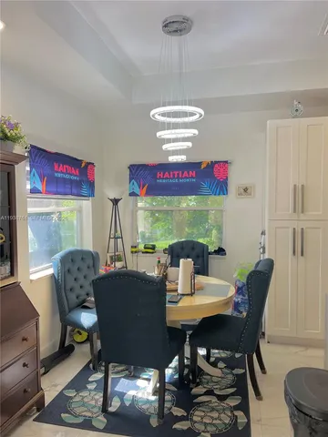 a view of a dining room with furniture window and outside view