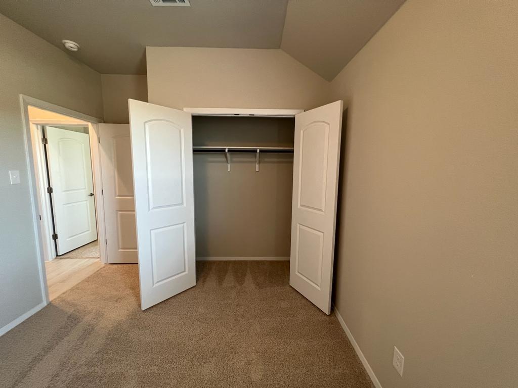 105 Spiny Lizard Lane San Marcos, TX 78666 - Photo 29 of 34 Unfurnished bedroom with light colored carpet, a closet, and vaulted ceiling
