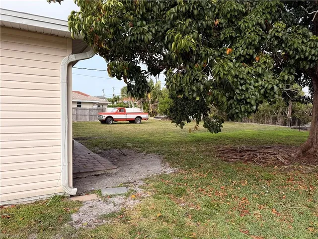 a view of a yard with plants and a bench