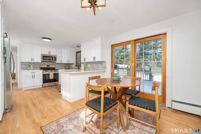 a view of a dining room with furniture and wooden floor