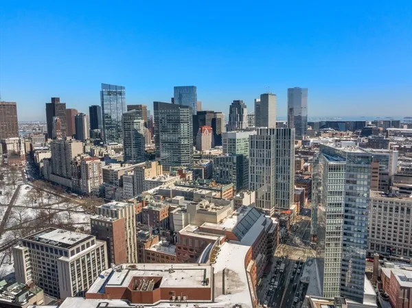 a city view with tall buildings