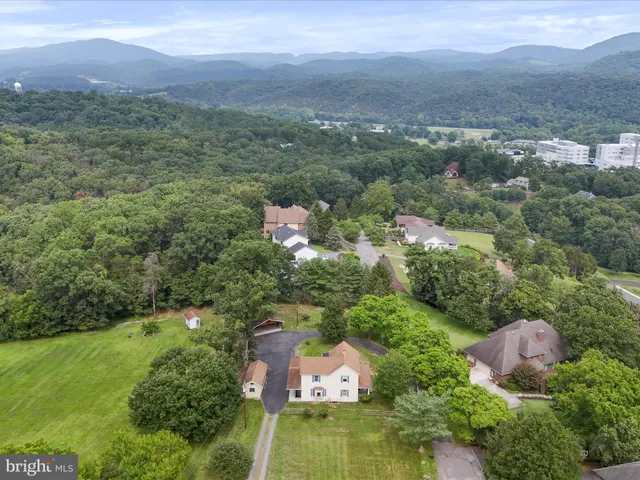 an aerial view of residential houses with outdoor space and trees