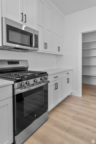 248 West 2920th Street South Logan, UT 84321 - Photo 16 of 47 White shaker-style cabinetry with matte black hardware, stainless steel appliances, light-toned wood-finish flooring, and a walk-in pantry with built-in shelving