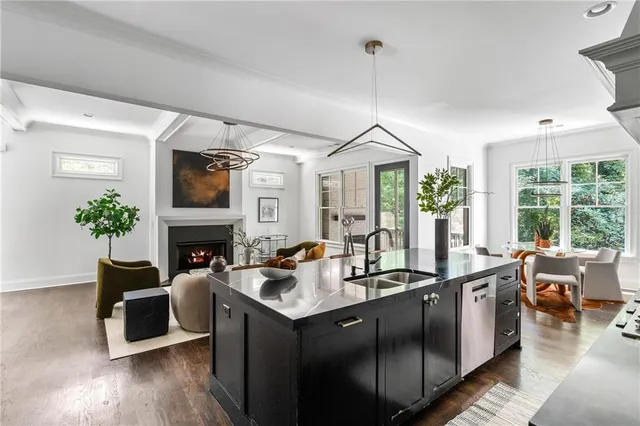 a living room with furniture a fireplace and a potted plant
