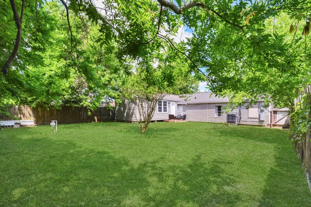 a view of a backyard with large trees