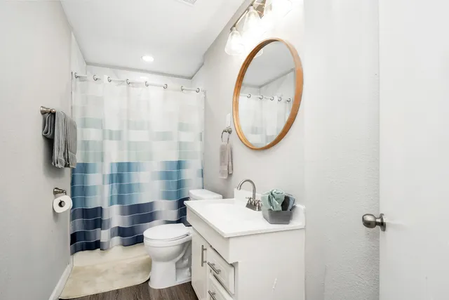 a bathroom with a sink a toilet and a mirror