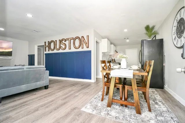 a view of a dining room with furniture