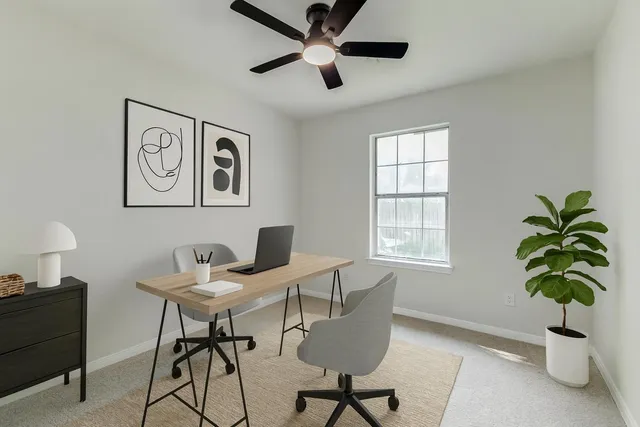 a view of a livingroom with furniture and a potted plant