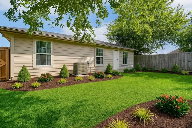 a backyard of a house with table and chairs plants and large tree