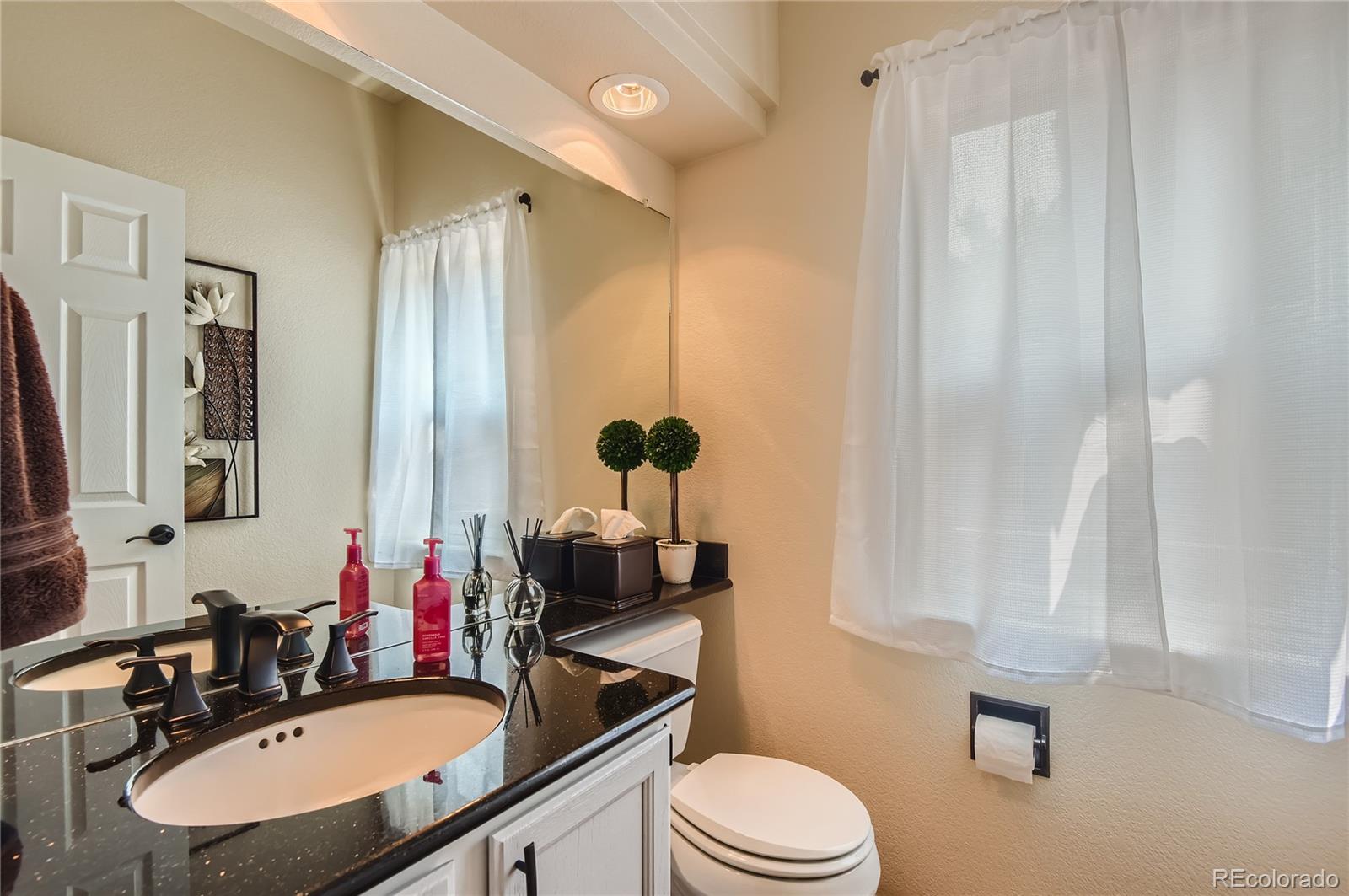 9212 Princeton Street Highlands Ranch, CO 80130 - Photo 18 of 40 a bathroom with a granite countertop sink and a mirror a toilet