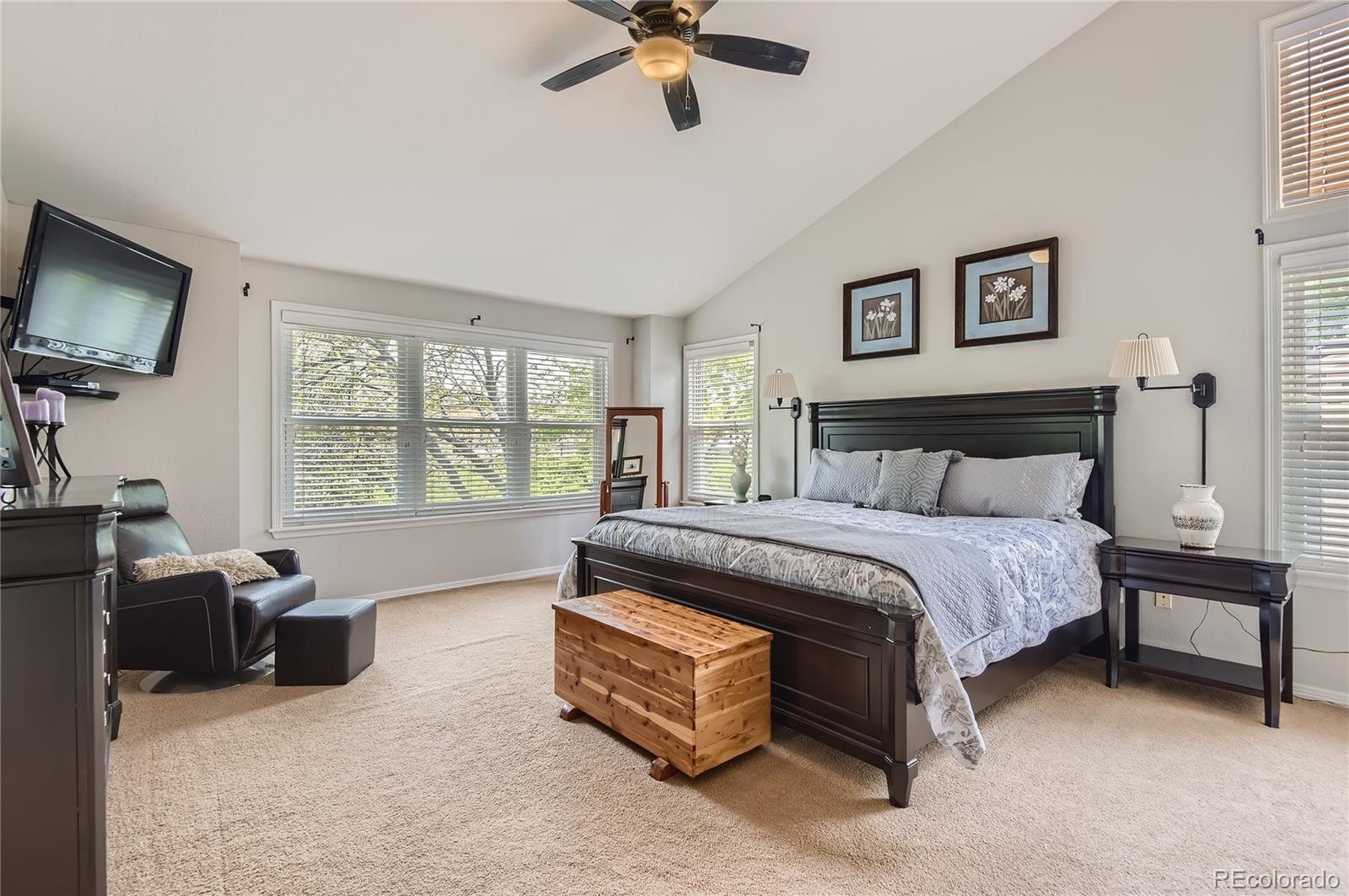 9212 Princeton Street Highlands Ranch, CO 80130 - Photo 19 of 40 a spacious bedroom with a bed and a flat screen tv