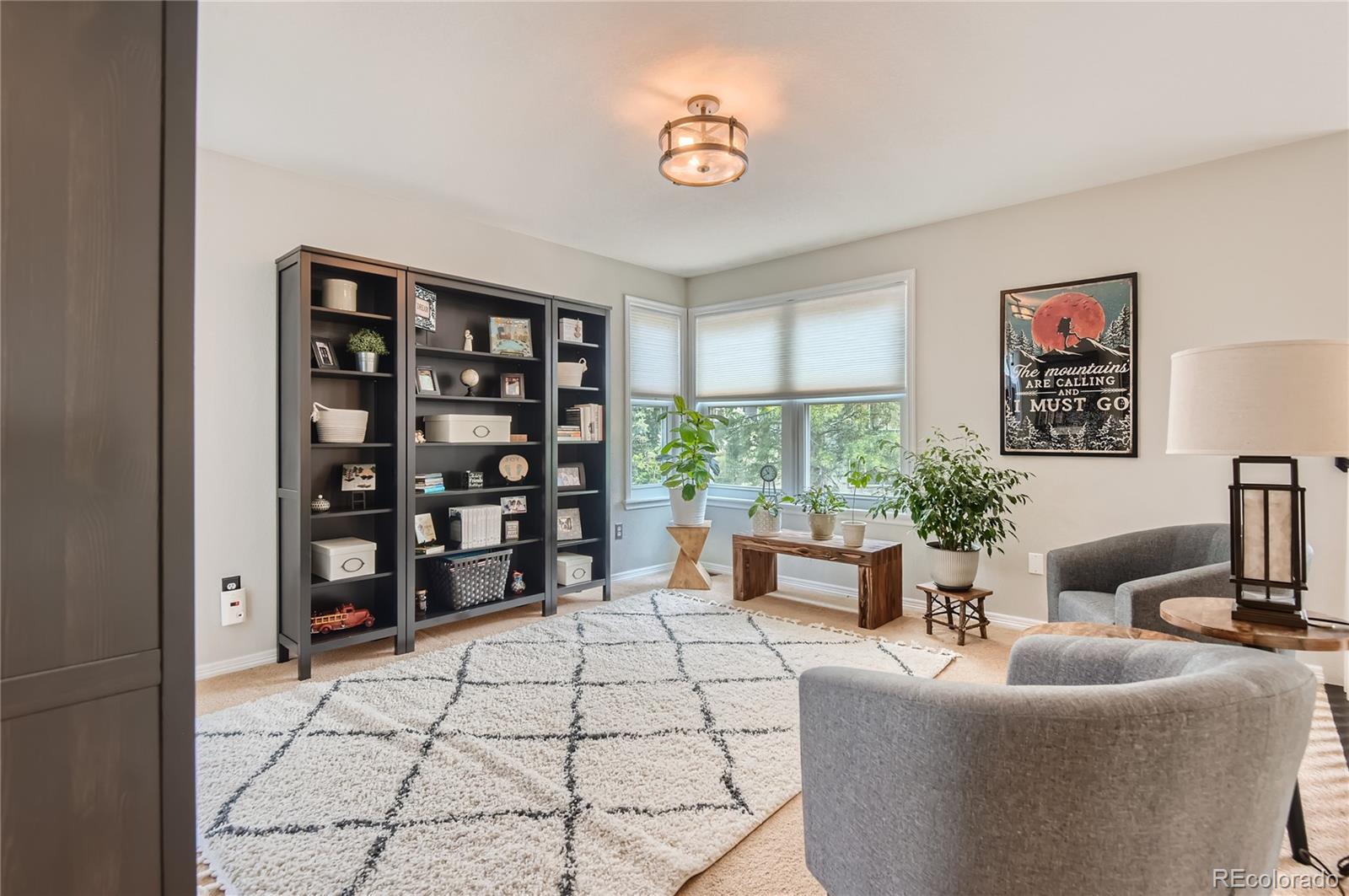 9212 Princeton Street Highlands Ranch, CO 80130 - Photo 31 of 40 a living room with furniture a bookshelf and a large window