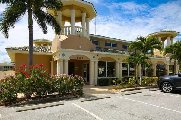 front view of a building with a street view