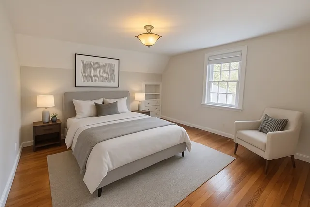a view of an empty room with window and wooden floor