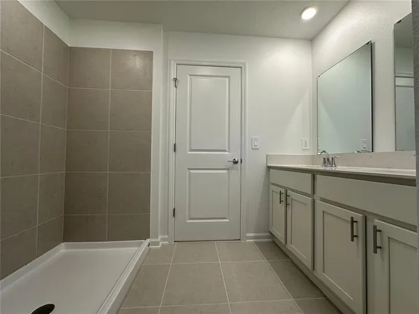 a bathroom with a shower a sink and a mirror