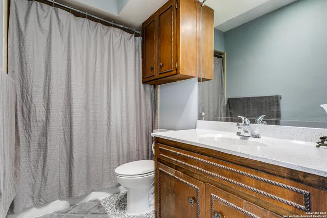 a bathroom with a sink a toilet and shower curtain