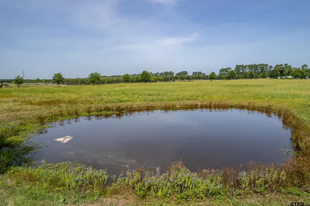 a view of a lake with houses in the background