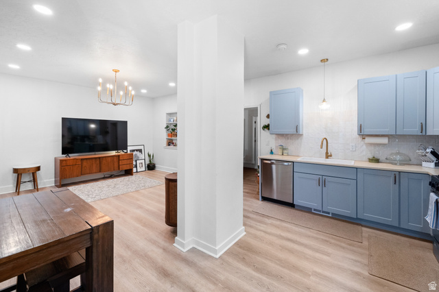 257 200 South Provo, UT 84606 - Photo 9 of 40 Kitchen featuring light wood-type flooring, stainless steel dishwasher, hanging lights, and blue cabinets
