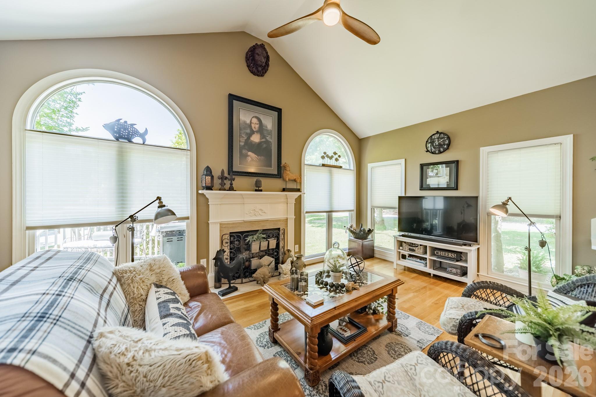 11043 Seven Coves Drive Tega Cay, SC 29708 - Photo 22 of 45 a living room with furniture a flat screen tv and a fireplace