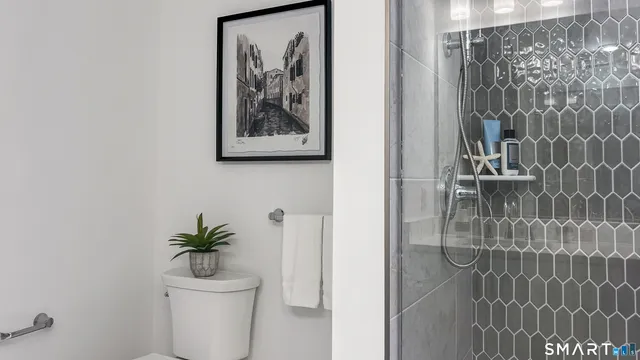 a bath room with a toilet and a shower