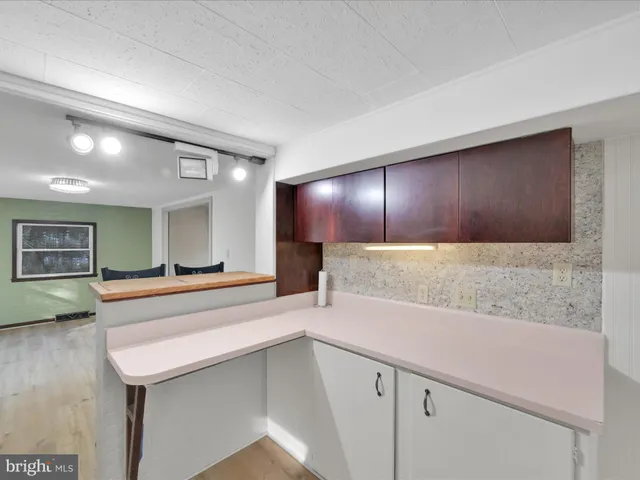 a view of a kitchen counter top space with stainless steel appliances cabinets