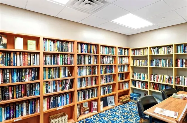 a living room with furniture and a book shelf
