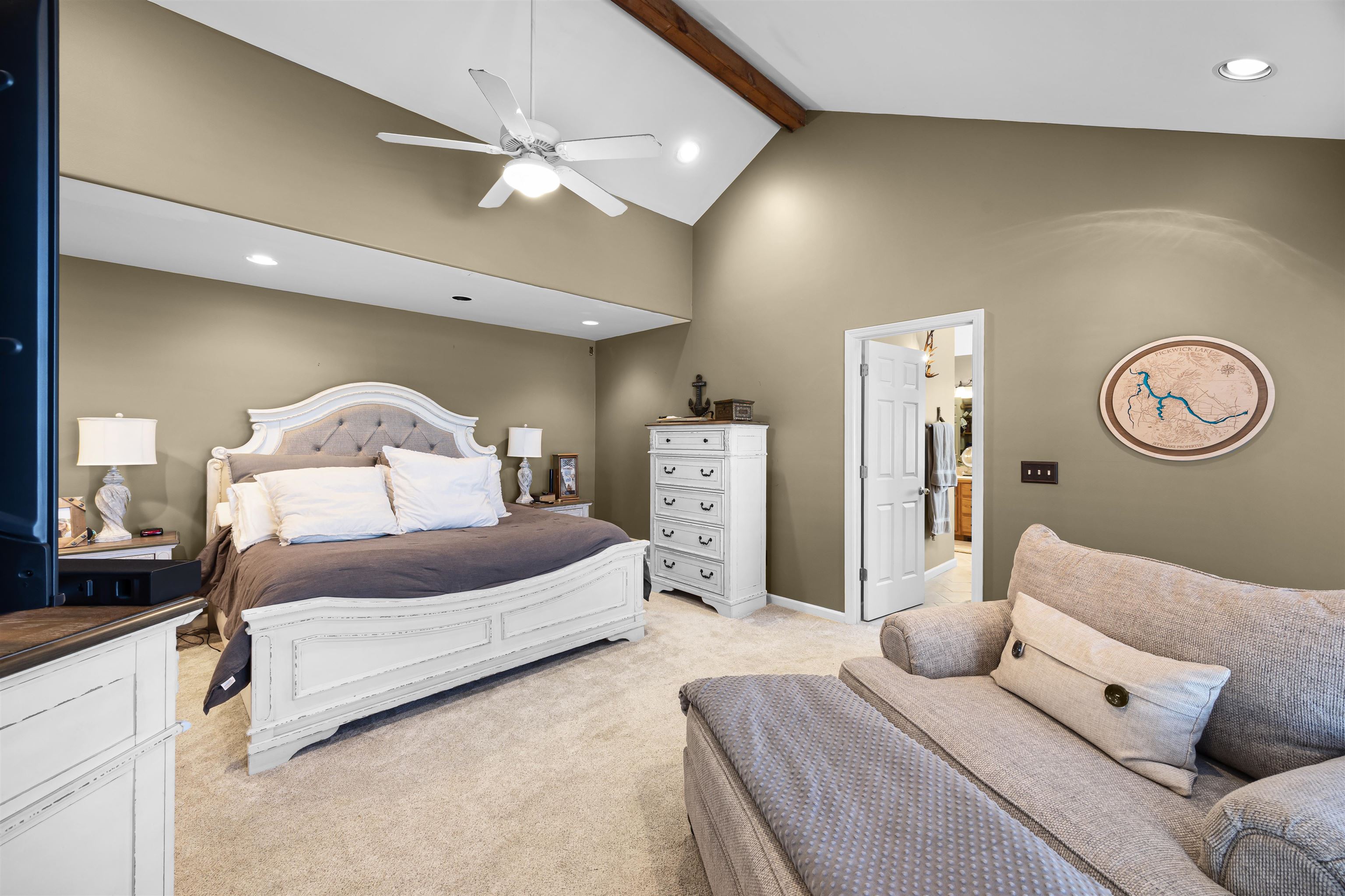 228 Chickasaw Trace Cherokee, AL 35616 - Photo 5 of 27 Bedroom featuring beam ceiling, recessed lighting, light colored carpet, ceiling fan, and high vaulted ceiling