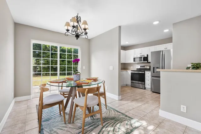 a view of a dining room with furniture window and outside view