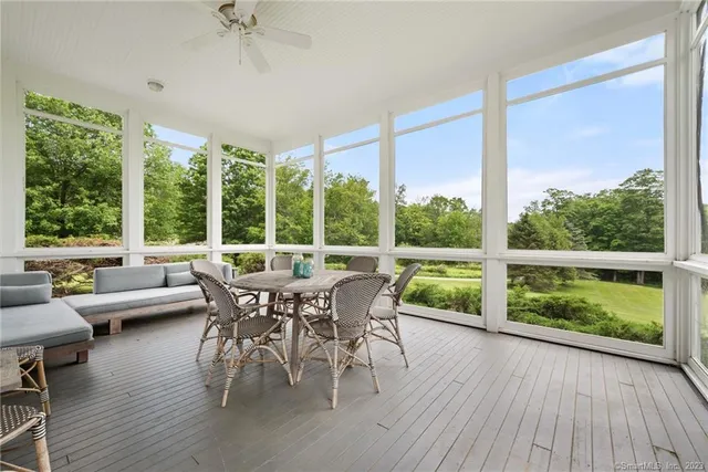 a dining room with furniture window and outside view