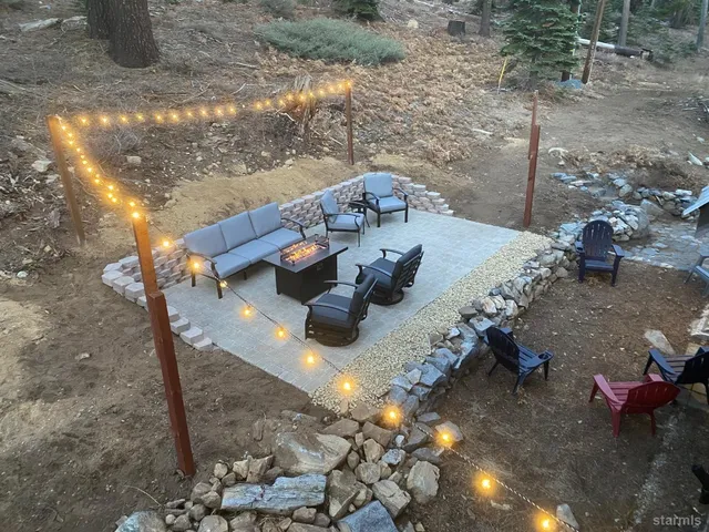 a view of a backyard with table and chairs