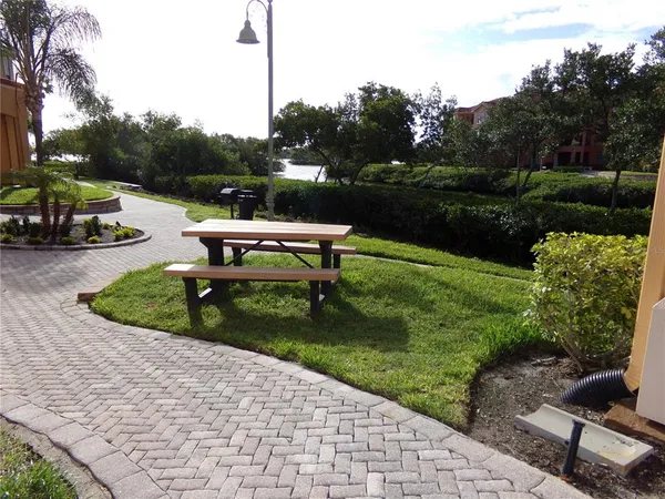 a view of a bench in the garden