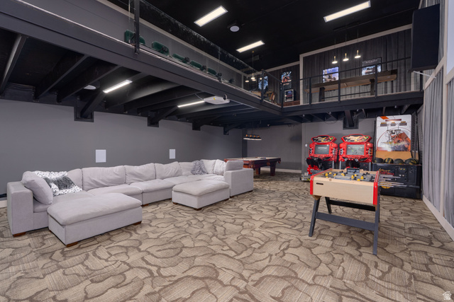 687 South 2080th Street East Springville, UT 84663 - Photo 45 of 149 Spacious recreation room featuring patterned carpet flooring and a multi-level design