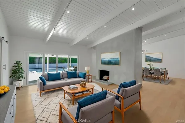 a living room with furniture a fireplace and a potted plant