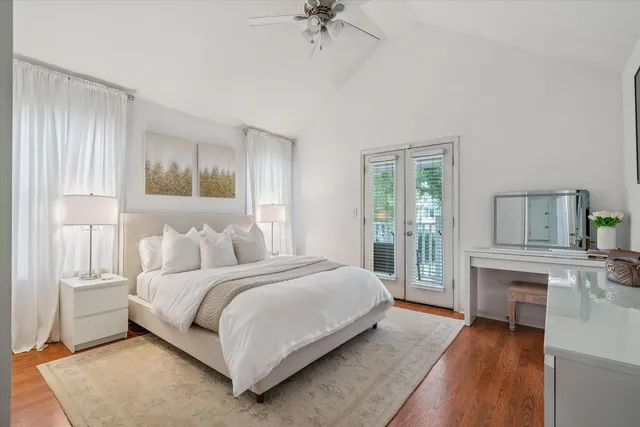 a bedroom with a bed and a fireplace