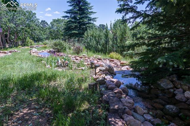6240 Wilson Road Colorado Springs, CO 80919 - Photo 33 of 42 Back Yard with serene water feature, pond and mature landscaping.