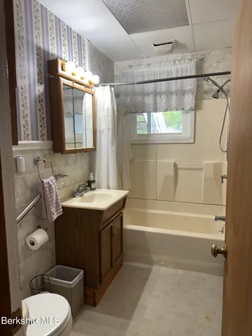 a bathroom with a sink vanity mirror and toilet