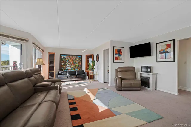 a living room with fireplace furniture and a flat screen tv