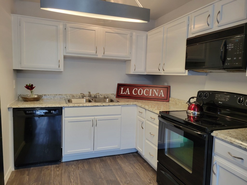 1740 Timber Ridge Road, Unit 132 Austin, TX 78741 - Photo 8 of 16 a kitchen with granite countertop white cabinets and black appliances