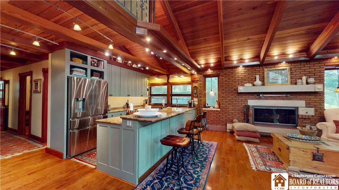 2545 A And B Parsonage Road, Unit A Findley Lake, NY 14736 - Photo 14 of 46 Main Lodge kitchen and fireplace