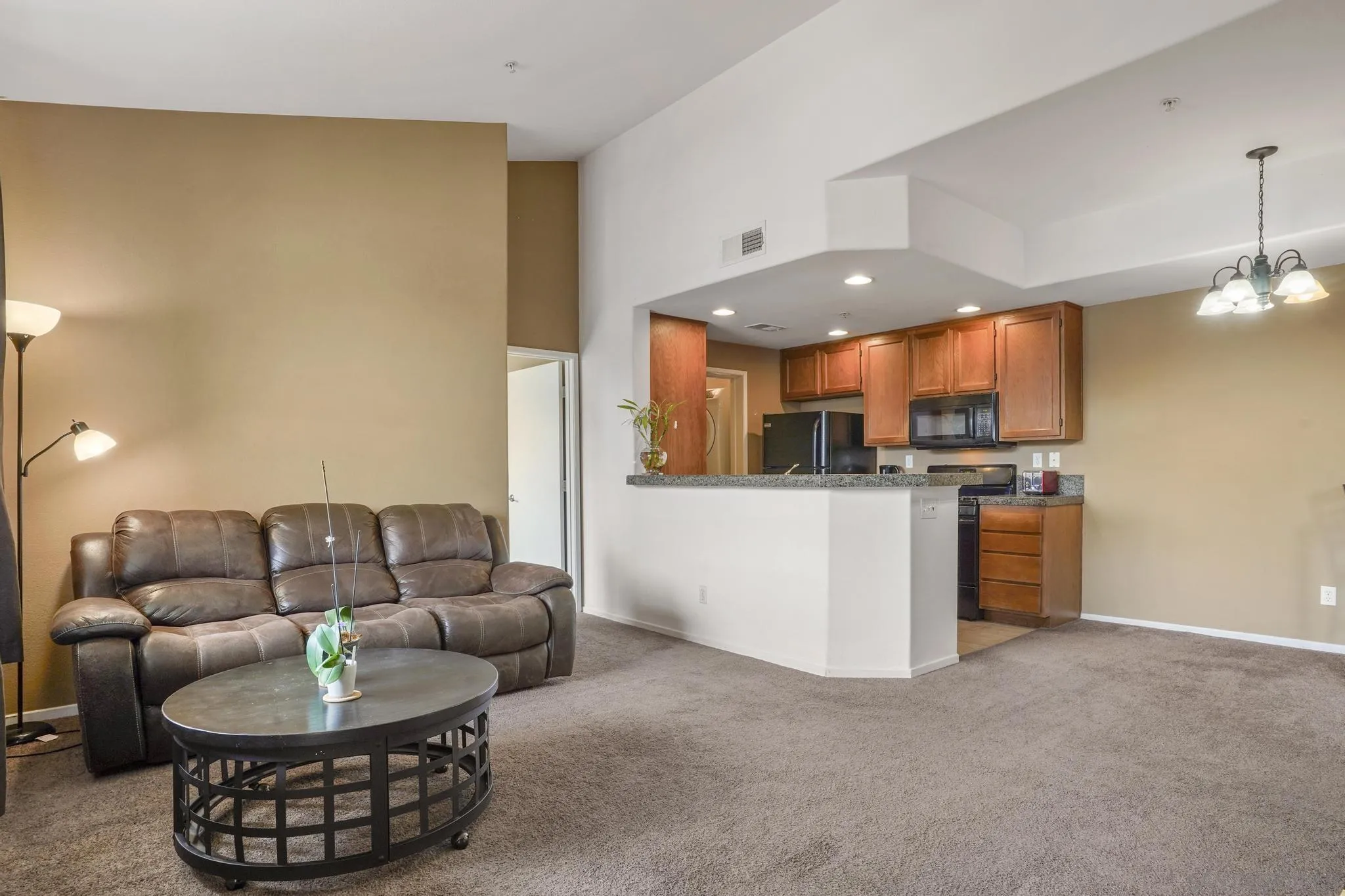 a living room with furniture and a kitchen