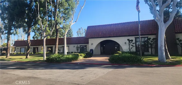 a view of a park with large trees
