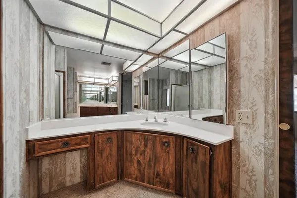 a bathroom with a sink and a mirror