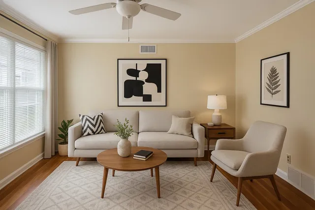 a living room with furniture a rug and a window