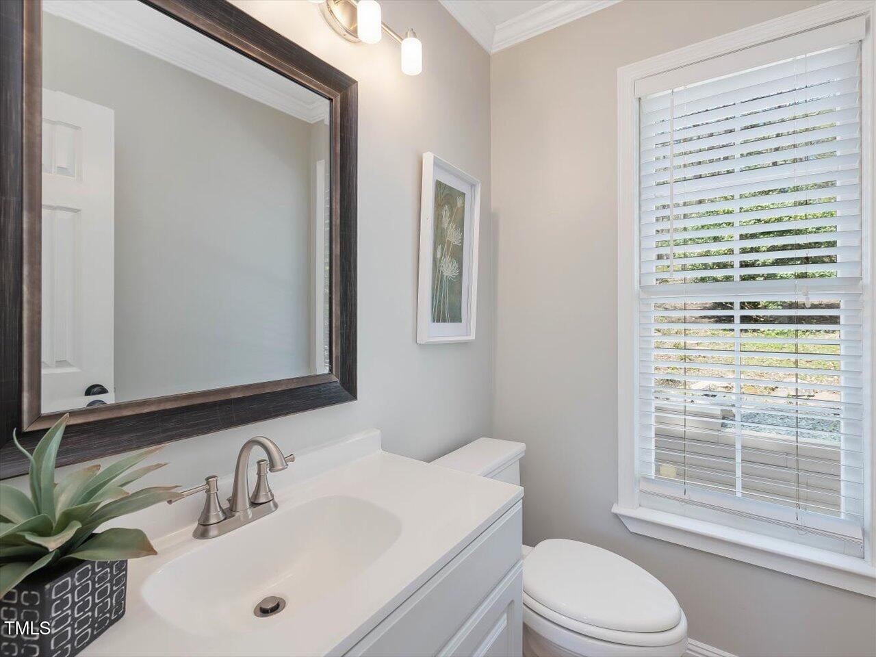 4818 Glendarion Drive Durham, NC 27713 - Photo 28 of 44 a bathroom with a sink a toilet a mirror and window