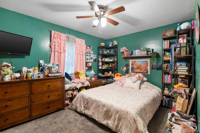 a bed room with a bed a flat screen tv and a book shelf