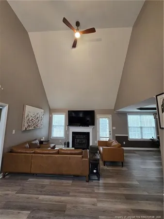 a living room with furniture window and fireplace