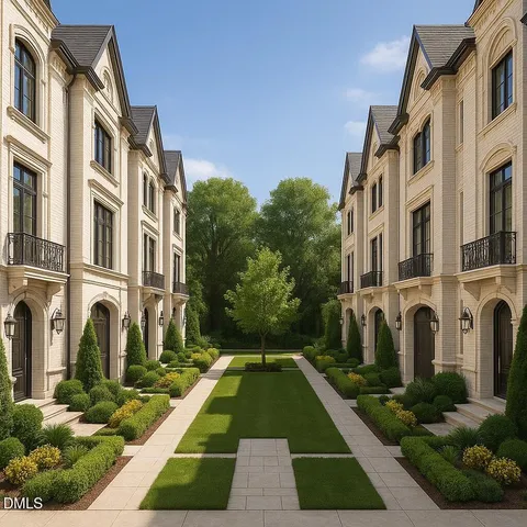 a view of a white house with a large windows plants and trees