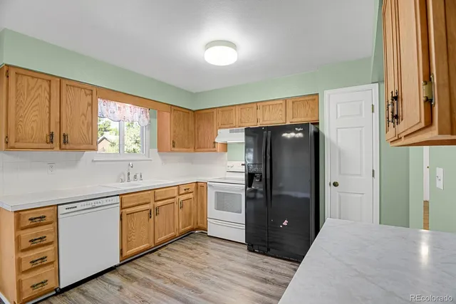 a kitchen with a refrigerator and a sink